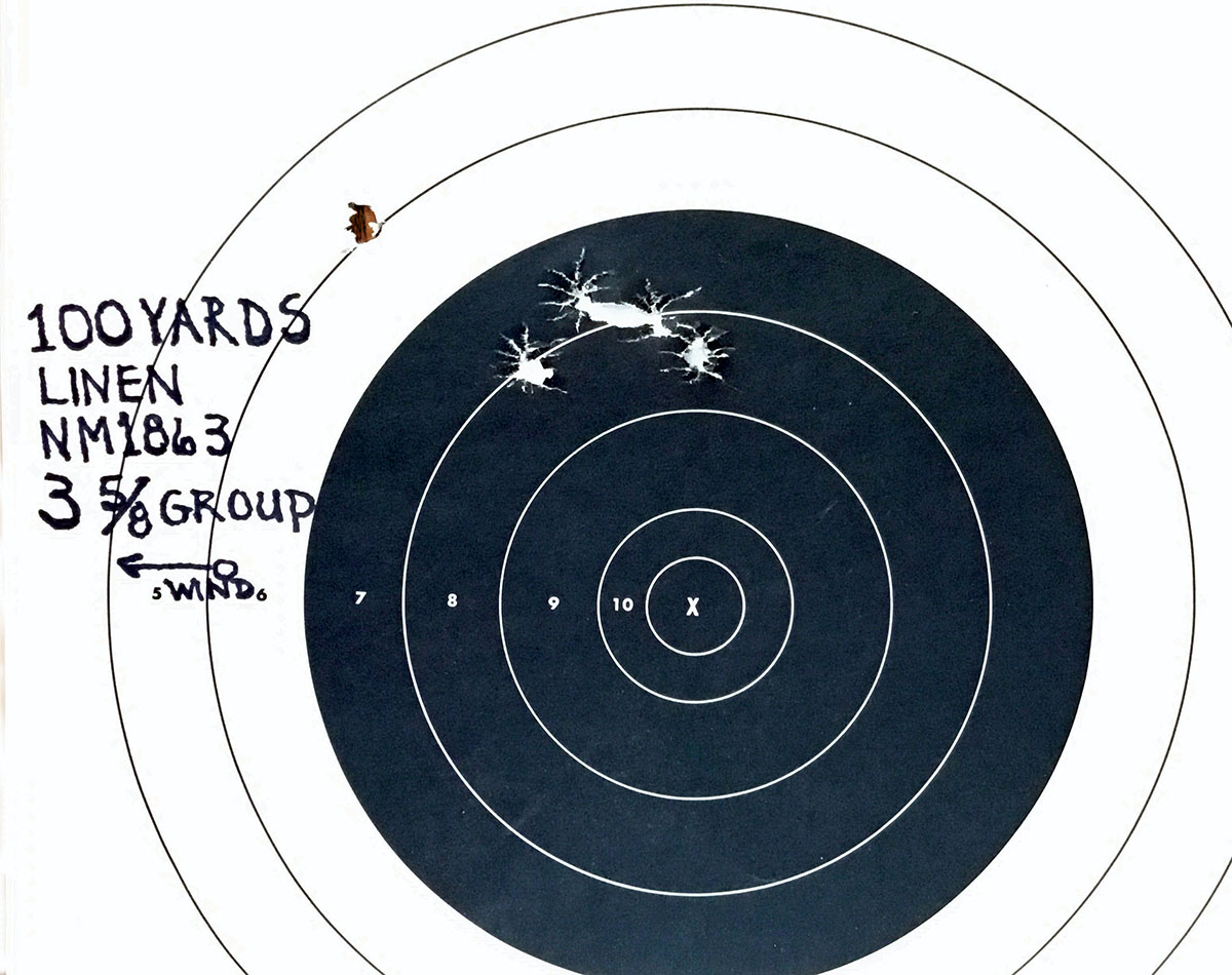This is the middle/average of the three, five-shot targets shot at 100 yards; not the best nor the worst. It measured 3.63 inches between the two shots farthest apart.